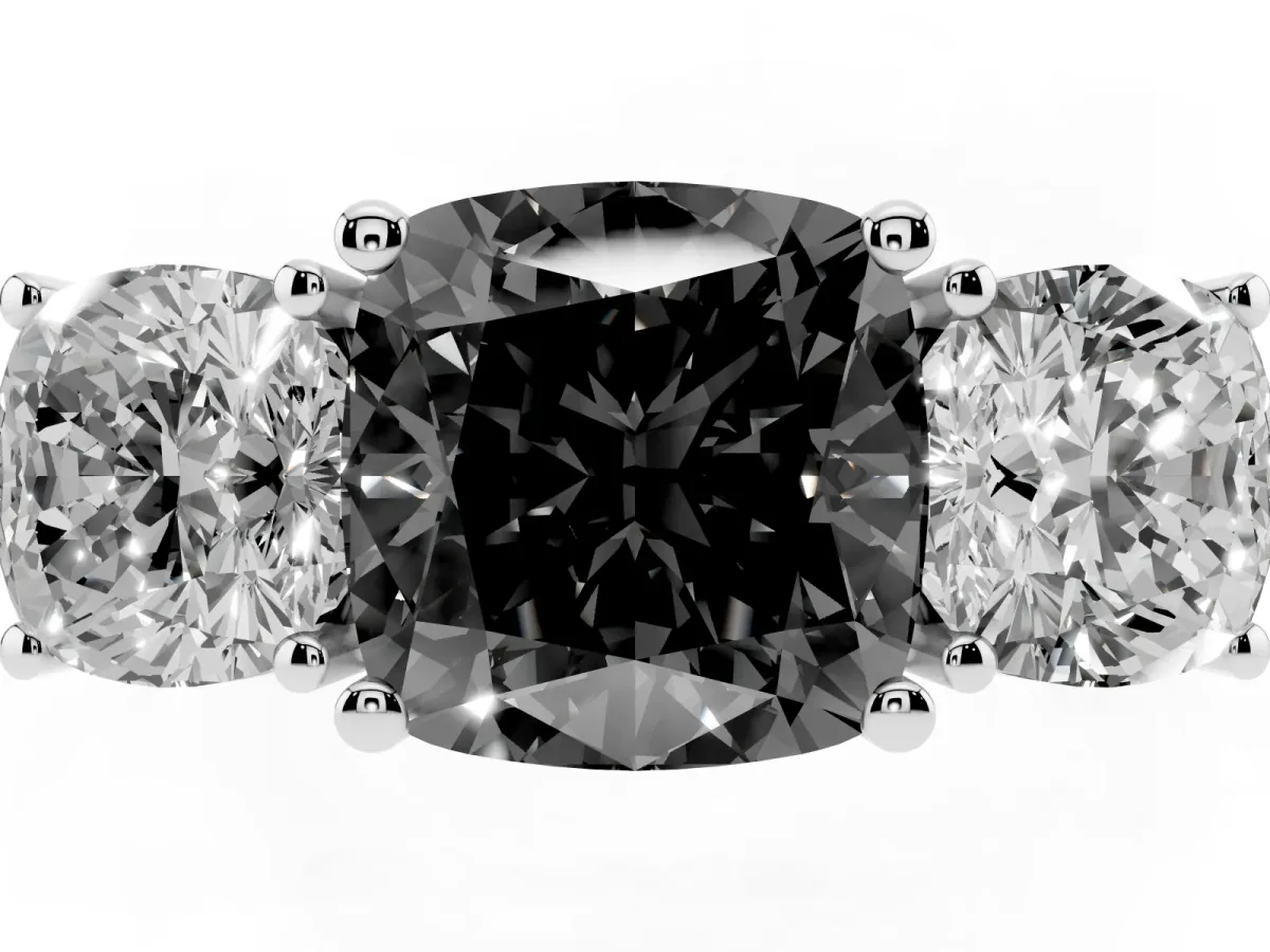 Fancy Black Three-Stone Cushion Cut Cut Diamond Engagement Ring with Flat Band and Four-Prong Setting Silver