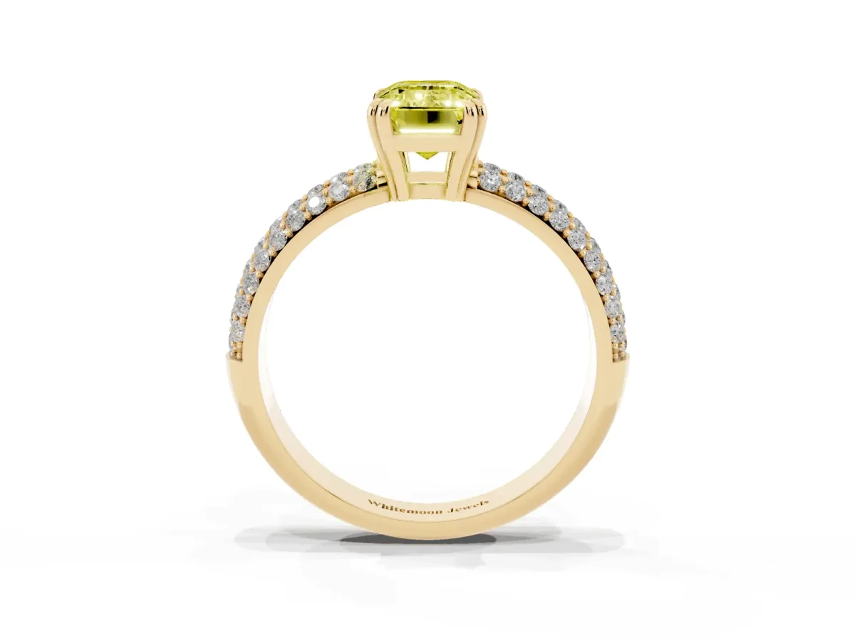 Fancy Yellow Emerald Cut Diamond Solitaire Ring with Multi-Row Round Pavé Band and Prong Setting Yellow gold