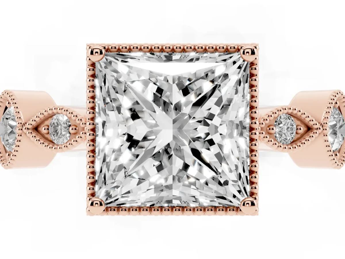 Princess Cut Diamond Vintage Milgrain Ring with Round Stations Rose gold