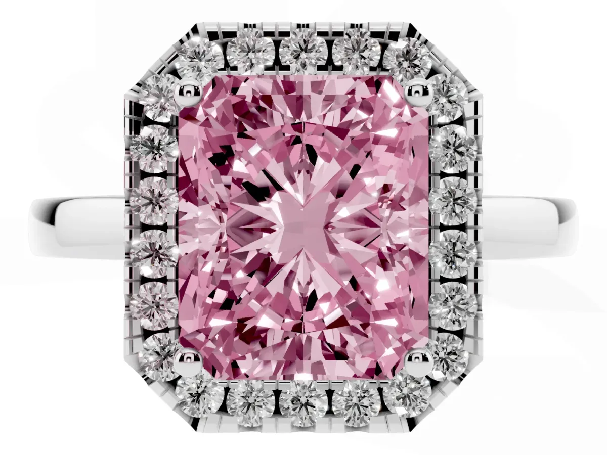 Fancy Pink Radiant Cut Halo Diamond Solitaire with Pavé Band and Four-Prong Setting Silver