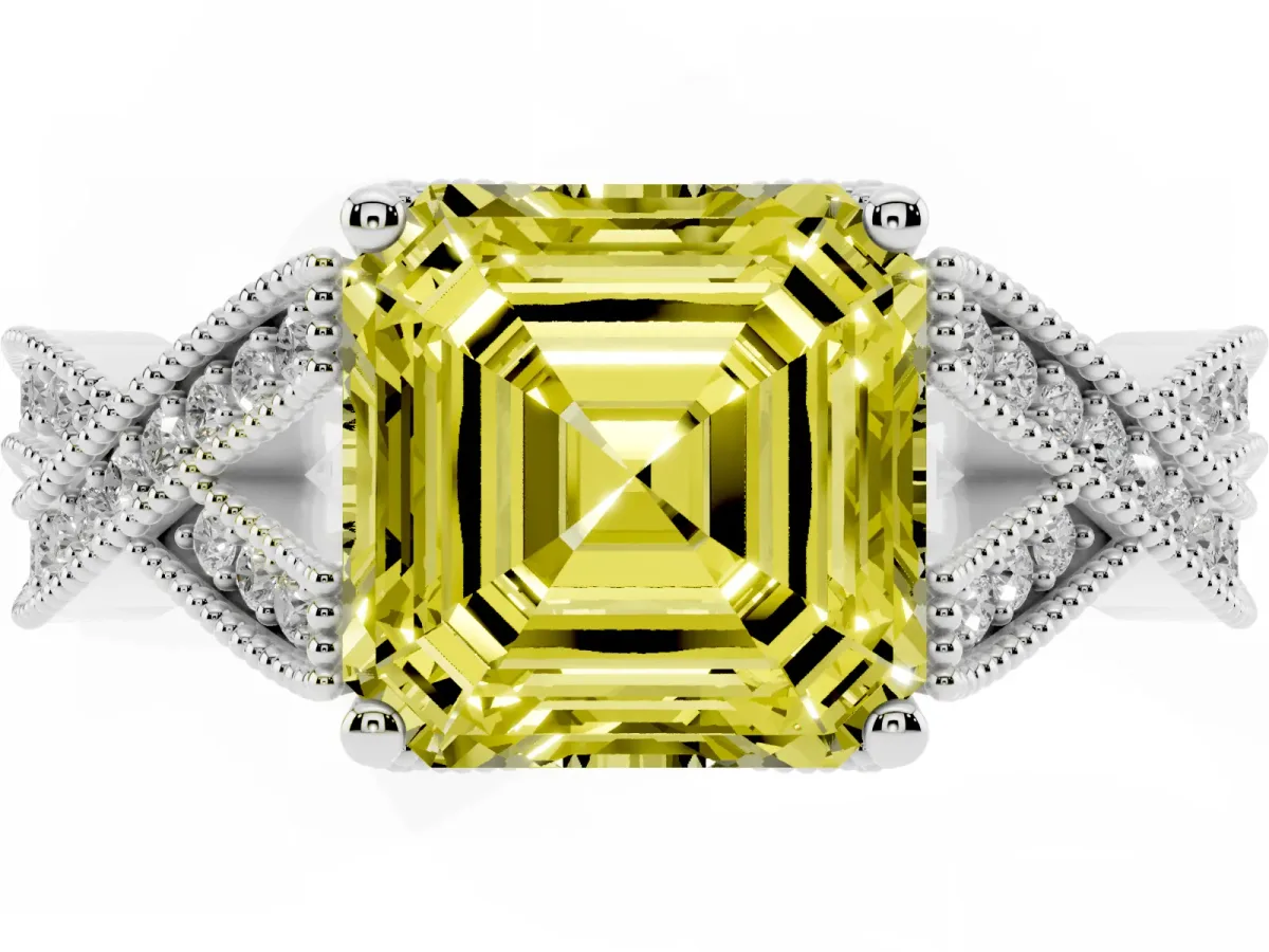 Fancy Yellow Asscher Cut Cut Diamond Twisted Band with Milgrain Pave Setting and Four-Prong Setting Silver