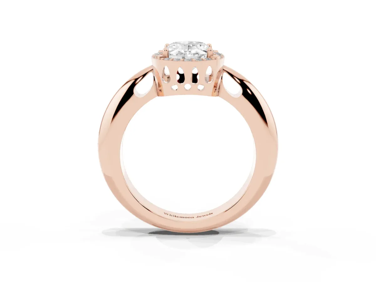 Oval Cut Cut Diamond Halo Engagement Ring with Split Shank and Four-Prong Setting Rose gold