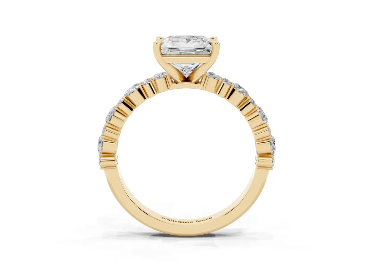 Princess Cut Diamond Side Stone Solitaire Ring with Round and Four-Prong Setting Yellow gold