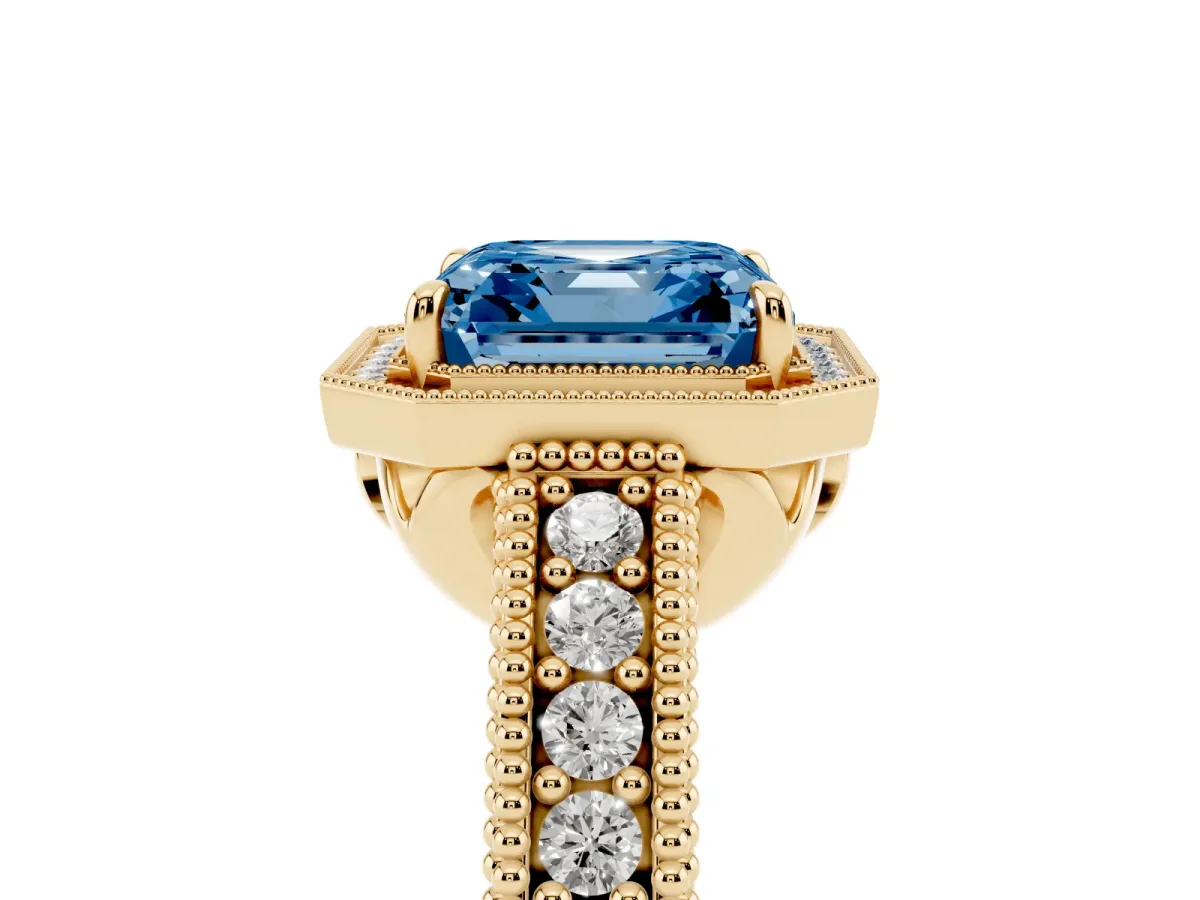 Fancy Blue Asscher Cut Cut Halo Diamond Ring with Pavé Band and Four-Prong Setting Yellow gold