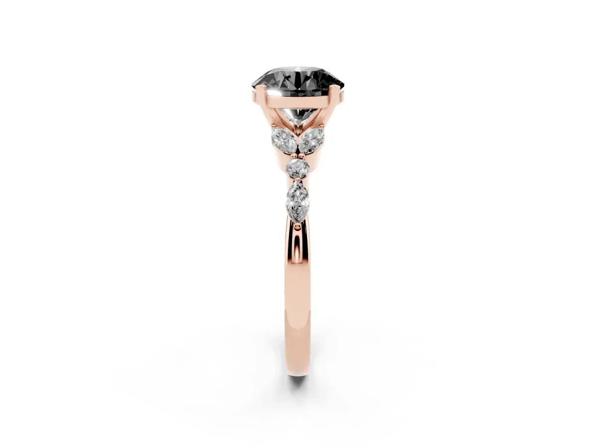 Fancy Black Round Cut Diamond Solitaire Ring with Side Stones and Four-Prong Setting Rose gold
