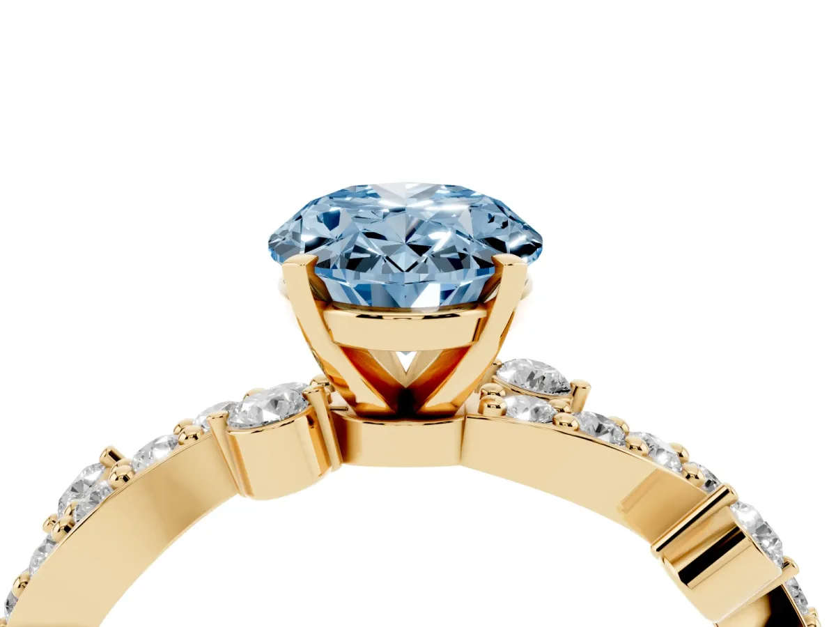 Fancy Blue Oval Cut Cut Solitaire Diamond Twisted Band with Pave Setting Yellow gold