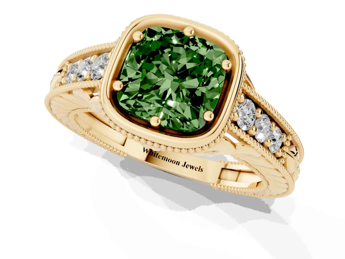 Fancy Green Bezel Set Cushion Cut Diamond Milgrain Pave Engagement Ring Yellow gold