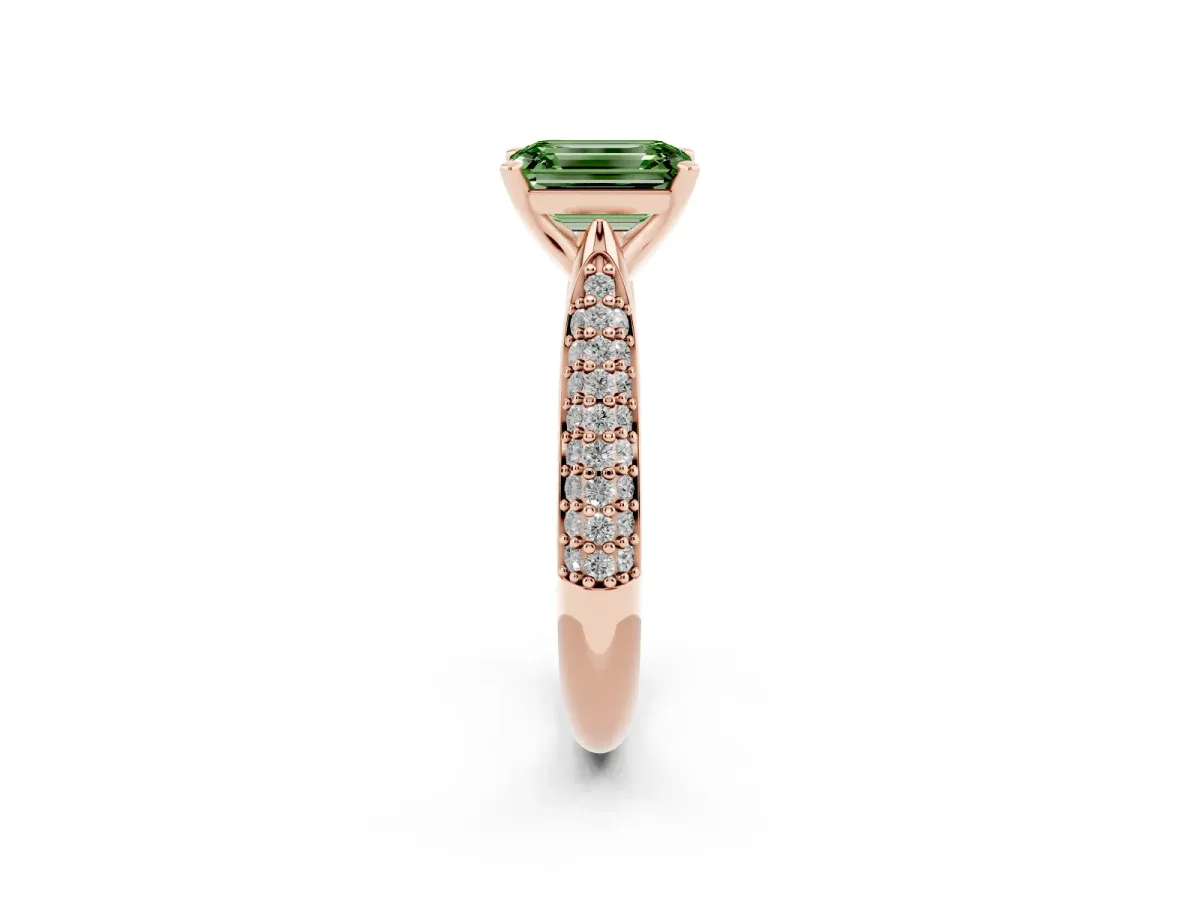 Fancy Green Emerald Cut Diamond Solitaire Engagement Ring with Multi-Row Round Pavé Band and Prong Setting Rose gold