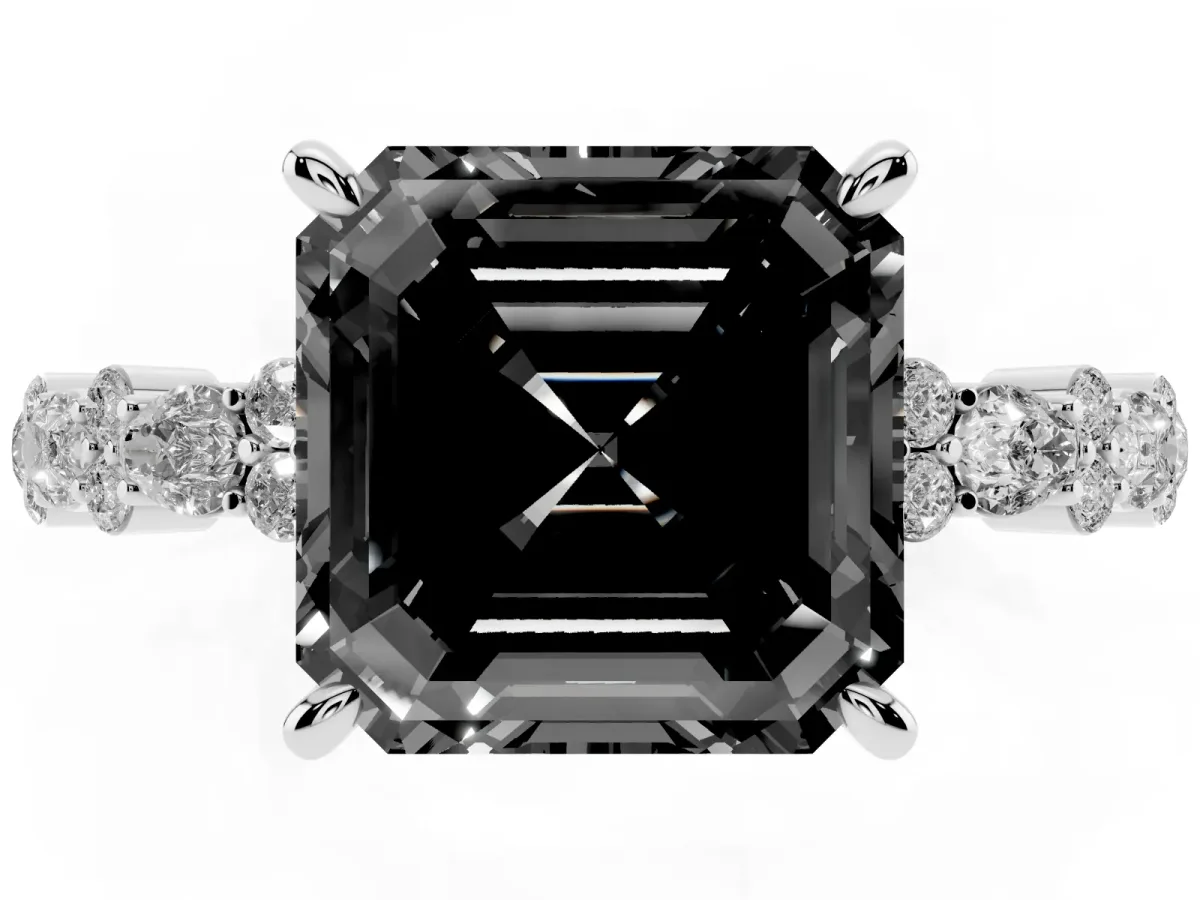 Fancy Black Asscher Cut Diamond Side Stone Solitaire Ring with Round and Four-Prong Setting Platinum