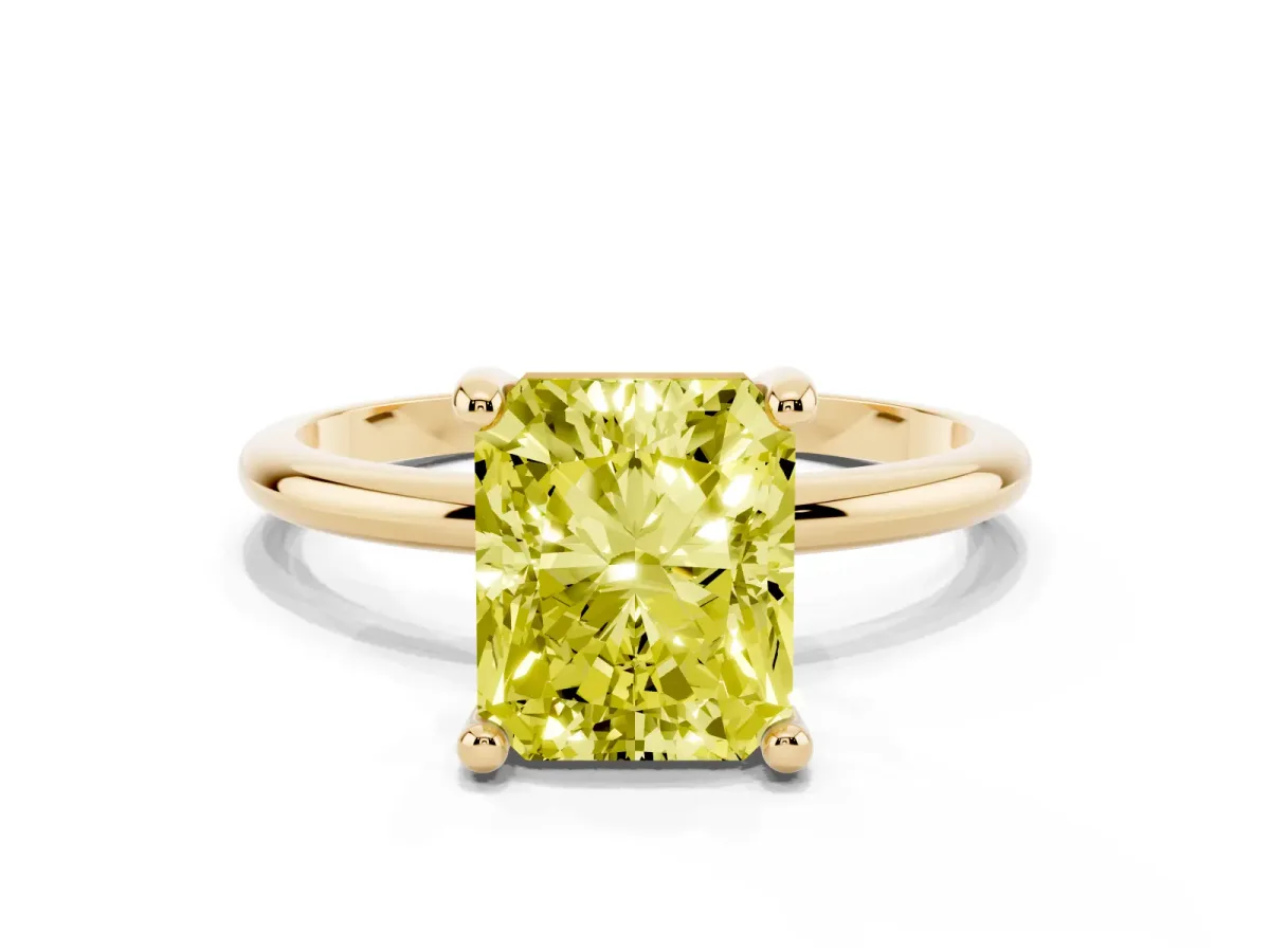 Fancy Yellow Radiant Cut Solitaire Diamond Ring with 4-Prong Setting on a Classic Band Yellow gold