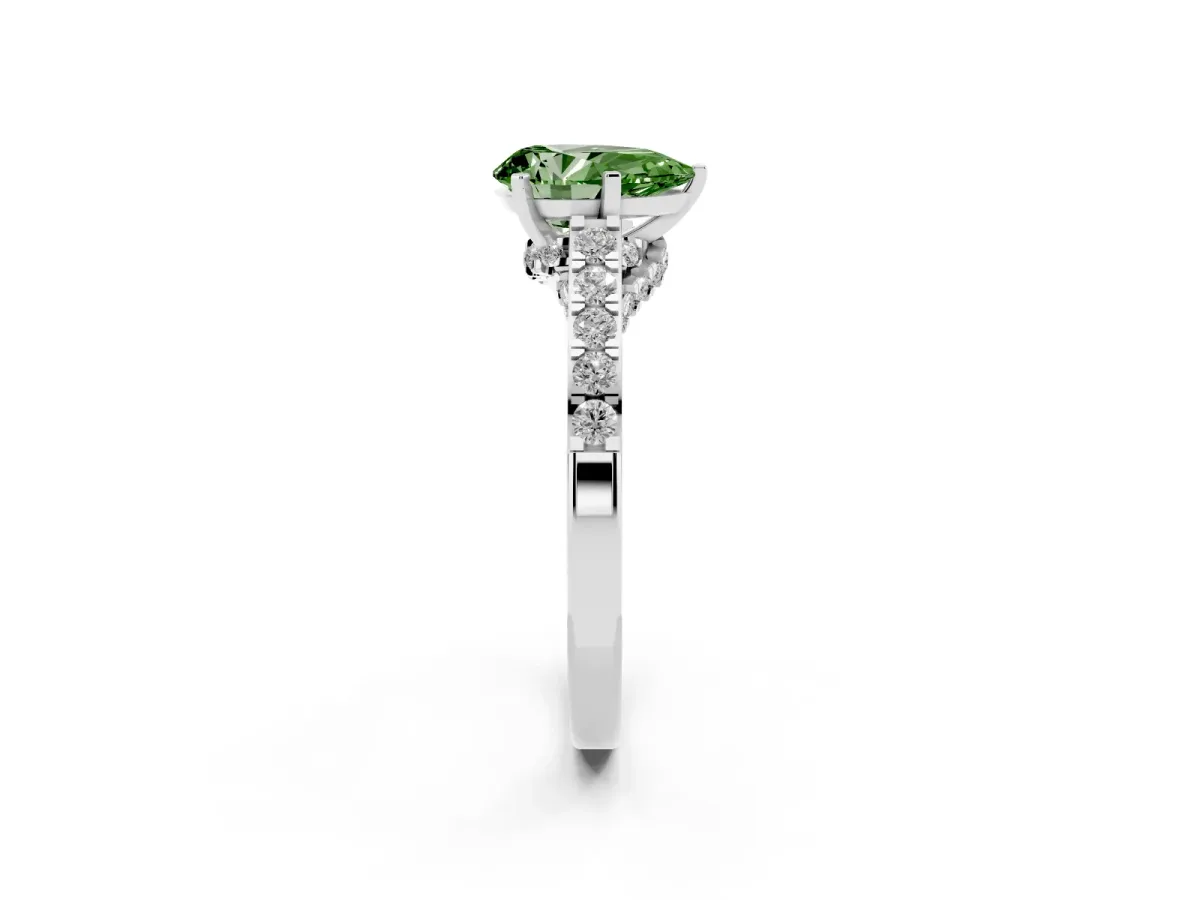 Fancy Green Pear Cut Diamond Solitaire Ring with Crossover Gallery and Round Pavé Band White gold
