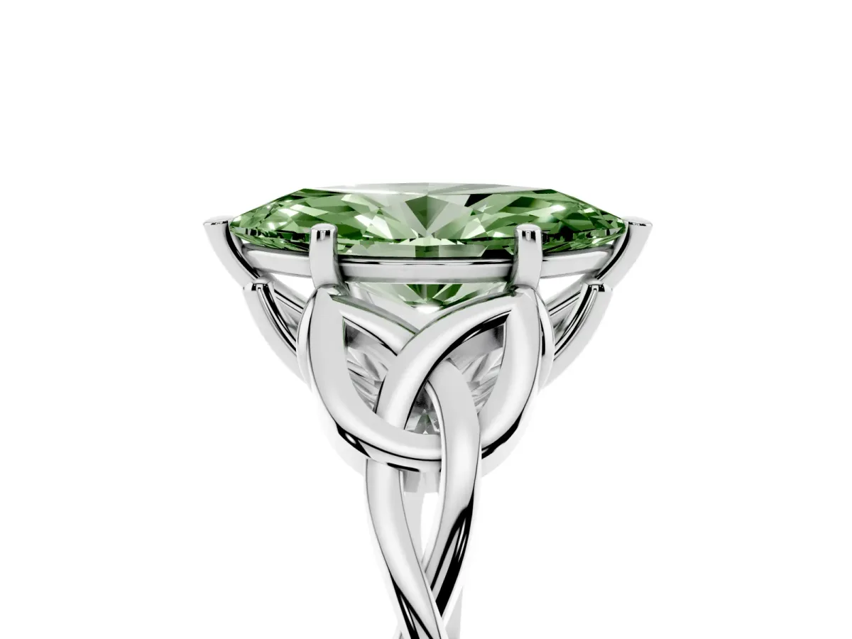 Fancy Green Marquise Cut Diamond Solitaire Engagement Ring with Celtic Knot Band and Four-Prong Setting Platinum
