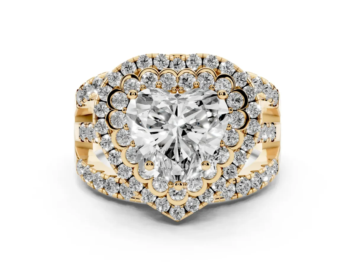 Heart Cut Diamond Double Halo Ring with Round Pavé Split Shank and Prong Setting Yellow gold
