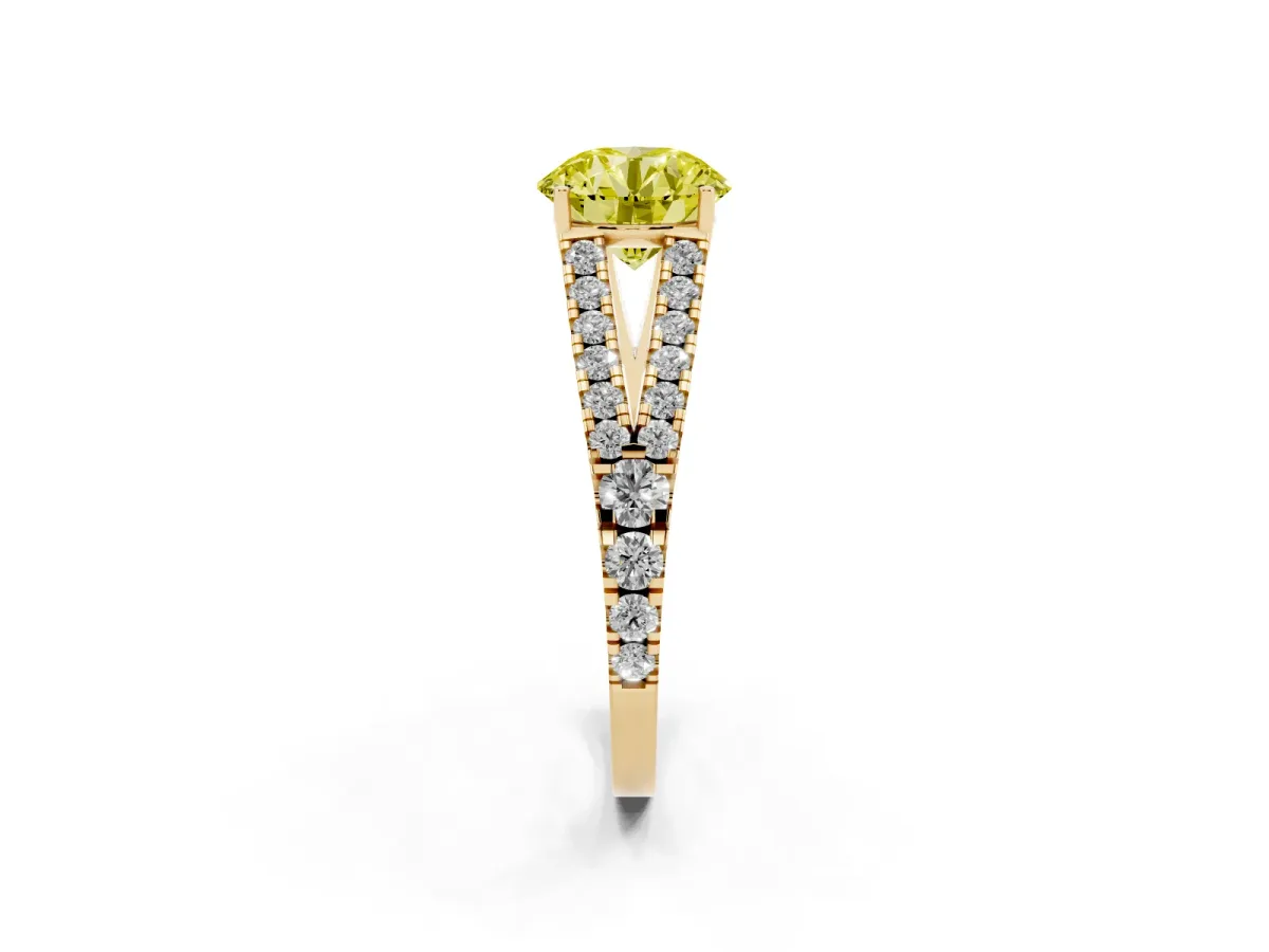 Fancy Yellow Round Cut Diamond Split Shank Pavé Engagement Ring with Four-Prong Setting Yellow gold