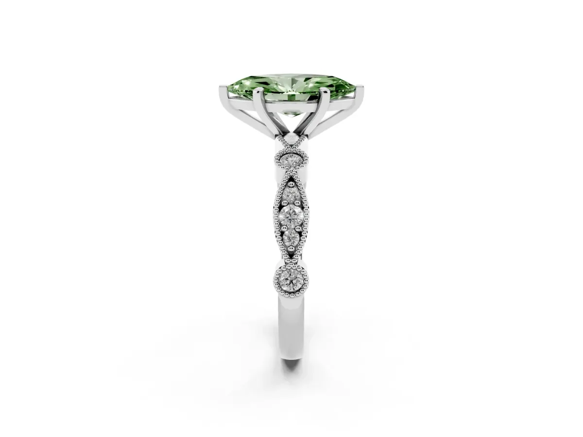Fancy Green Marquise Cut Milgrain Bezel Diamond Engagement Ring with Solitaire Prong Setting Silver