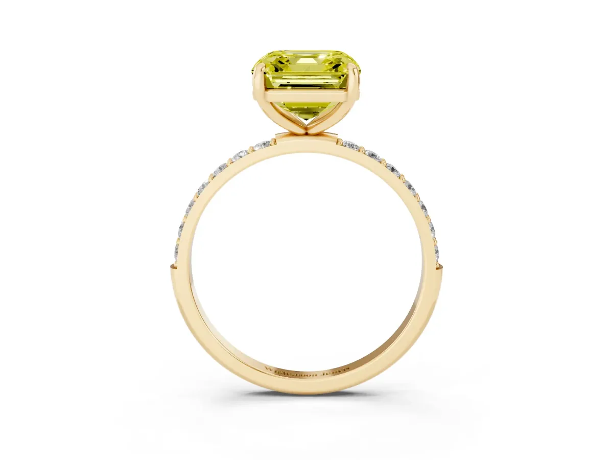 Fancy Yellow Asscher Cut Diamond Solitaire Ring with Round Pavé Band and Prong Setting Yellow gold