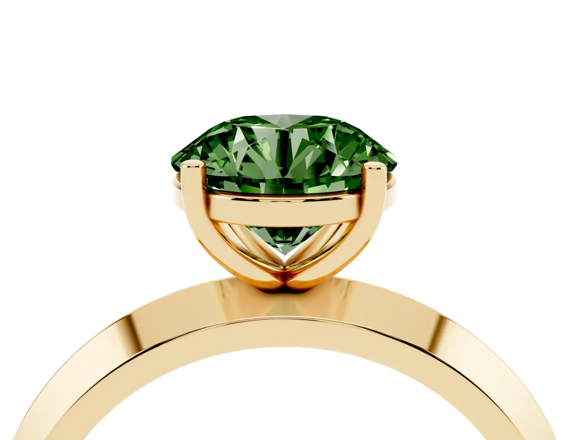 Fancy Green Round Cut Cut Solitaire Engagement Ring with Flat Band and Four-Prong Setting Yellow gold