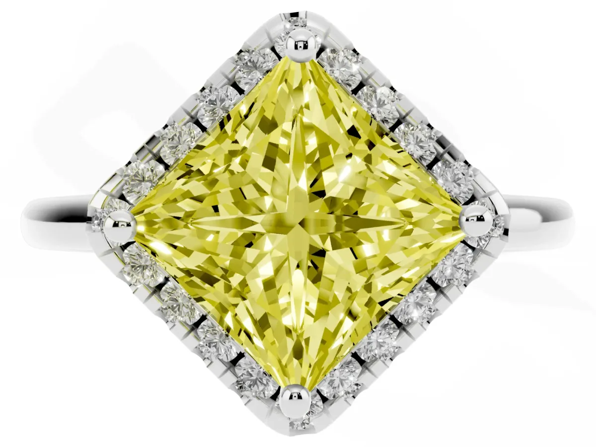 Fancy Yellow Princess Cut Halo Round Diamond Solitaire Engagement Ring with Pave Band and Four-Prong Setting Silver