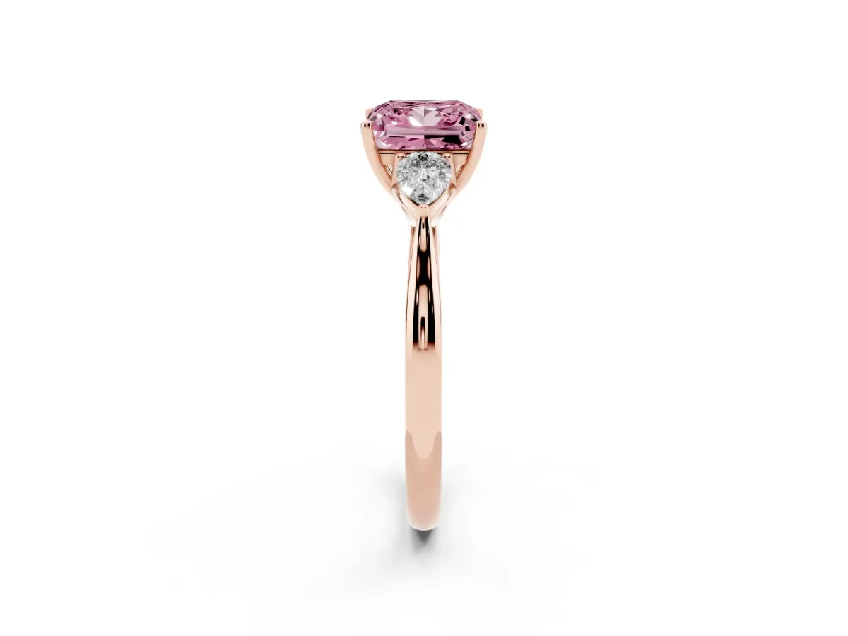 Fancy Pink Princess Cut Diamond Three-Stone Ring with Pear Side Stones and Prong Setting Rose gold