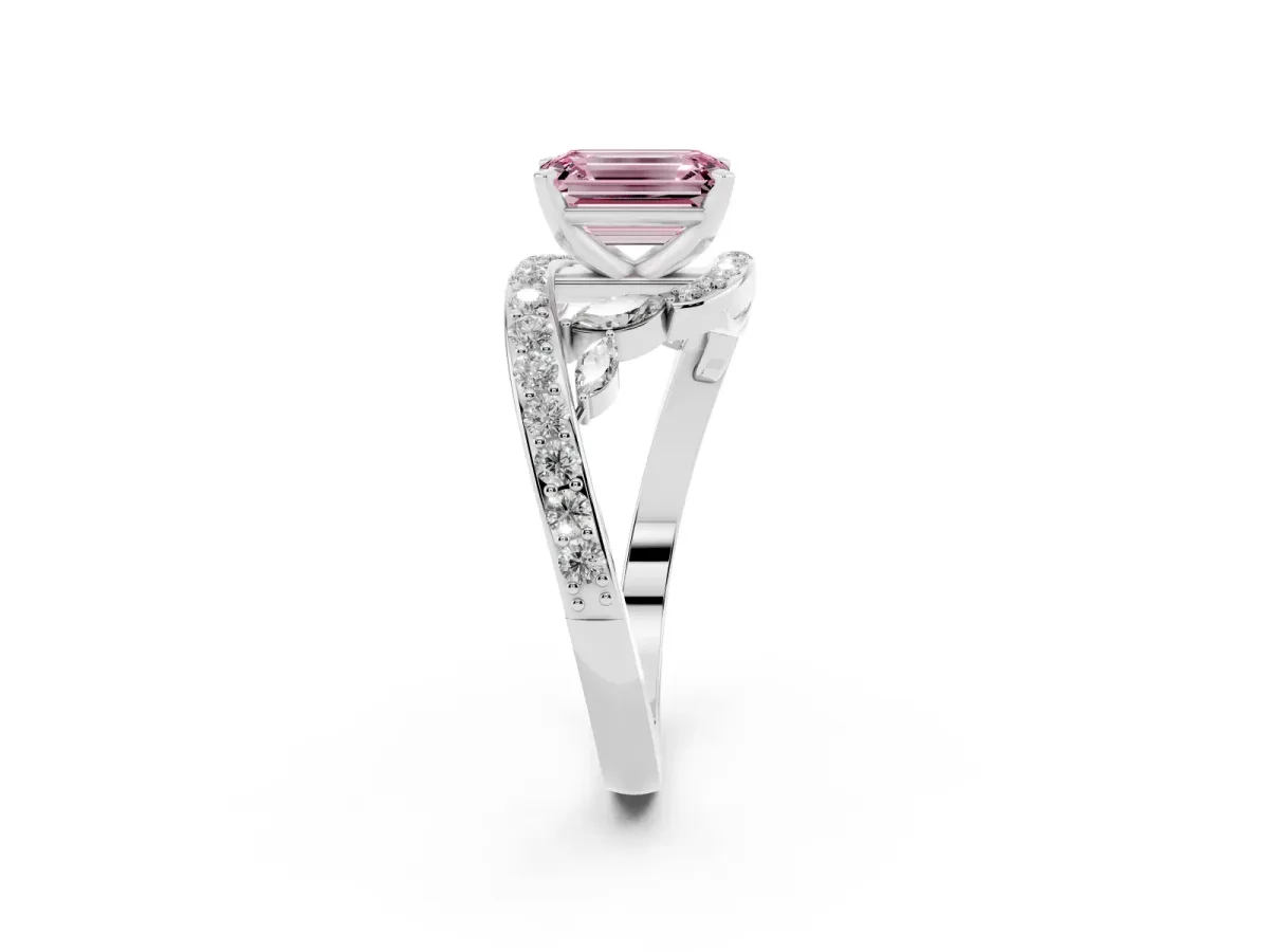 Fancy Pink Emerald Cut Solitaire with Pavé Twist Band and Four-Prong Setting Silver