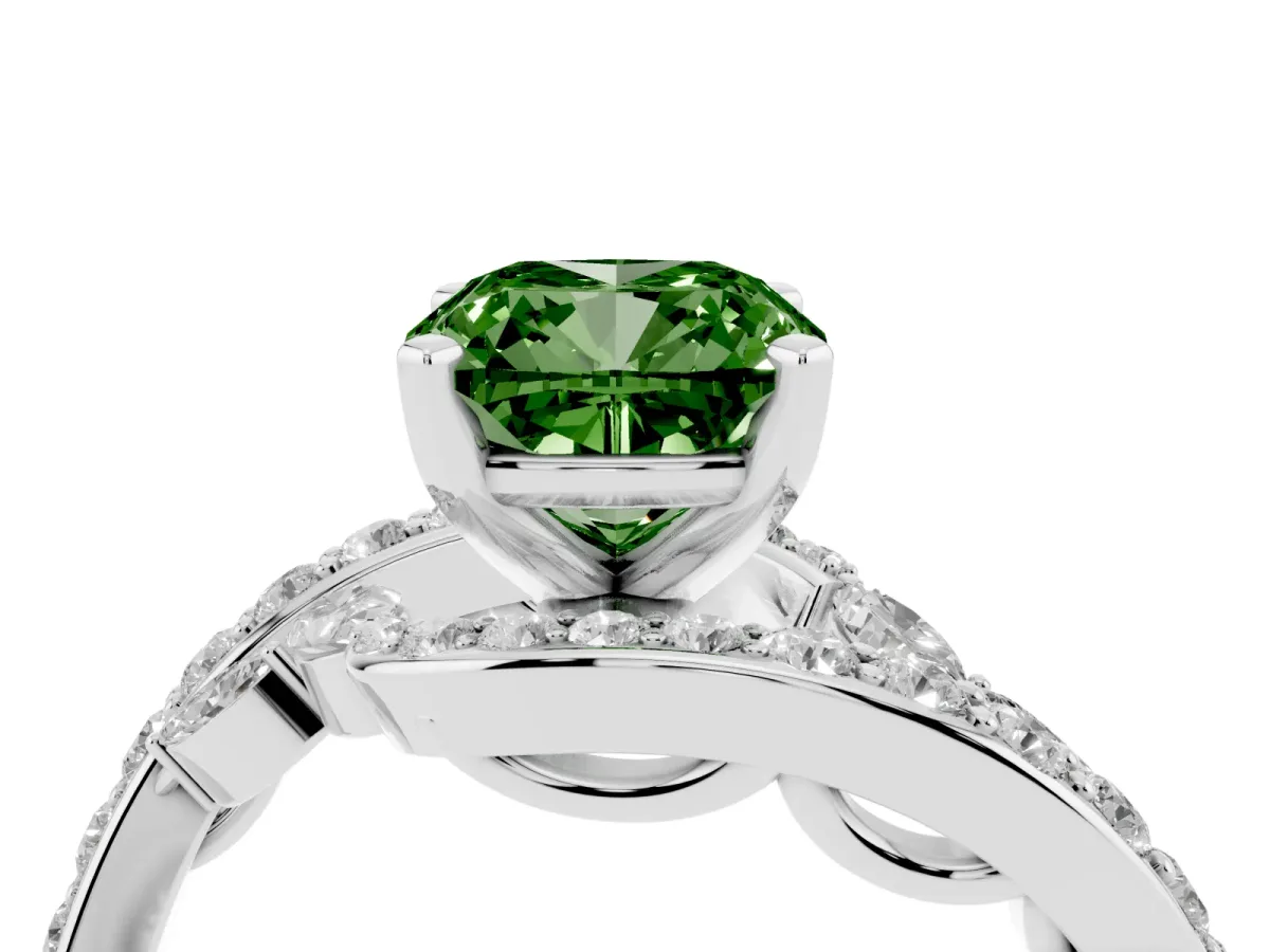 Fancy Green Cushion Cut Diamond Solitaire Ring with Filigree Band and Four-Prong Setting Silver