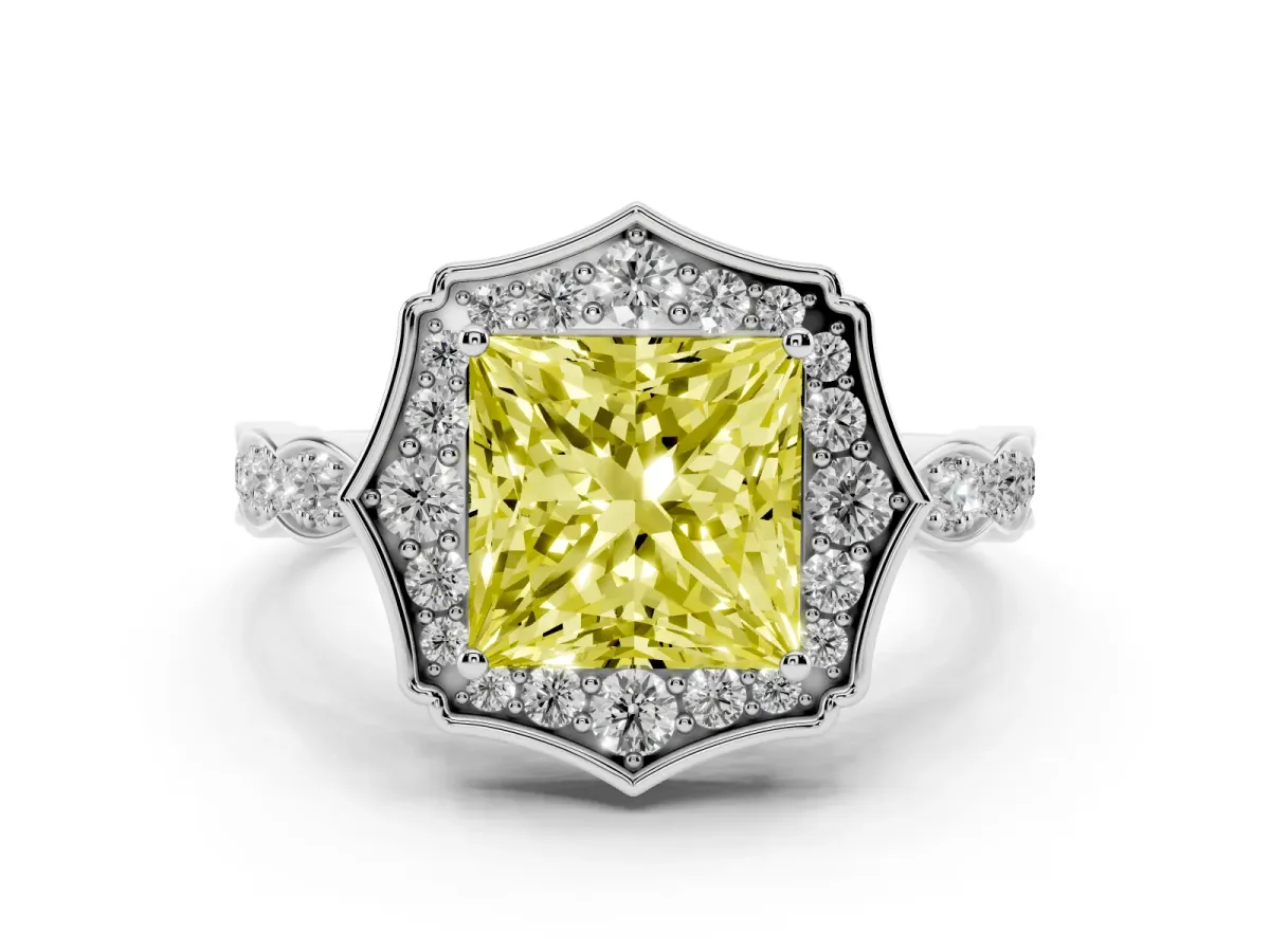 Fancy Yellow Princess Cut Halo Diamond Engagement Ring with Milgrain Band and Four-Prong Setting Platinum