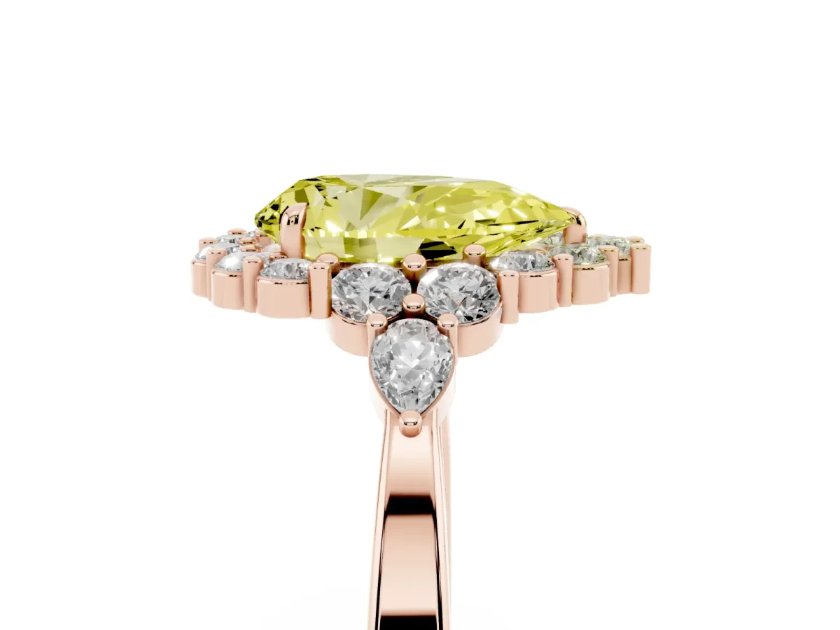Fancy Yellow Pear Cut Diamond Halo Ring with Pear Side Stones and Prong Setting Rose gold