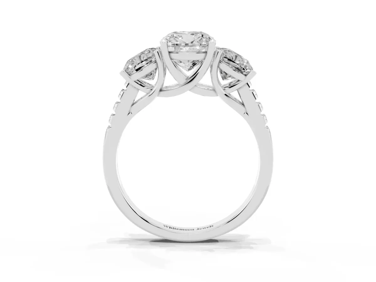 Three-Stone Cushion Cut Diamond Ring with Round Pavé Band and Prong Setting Silver