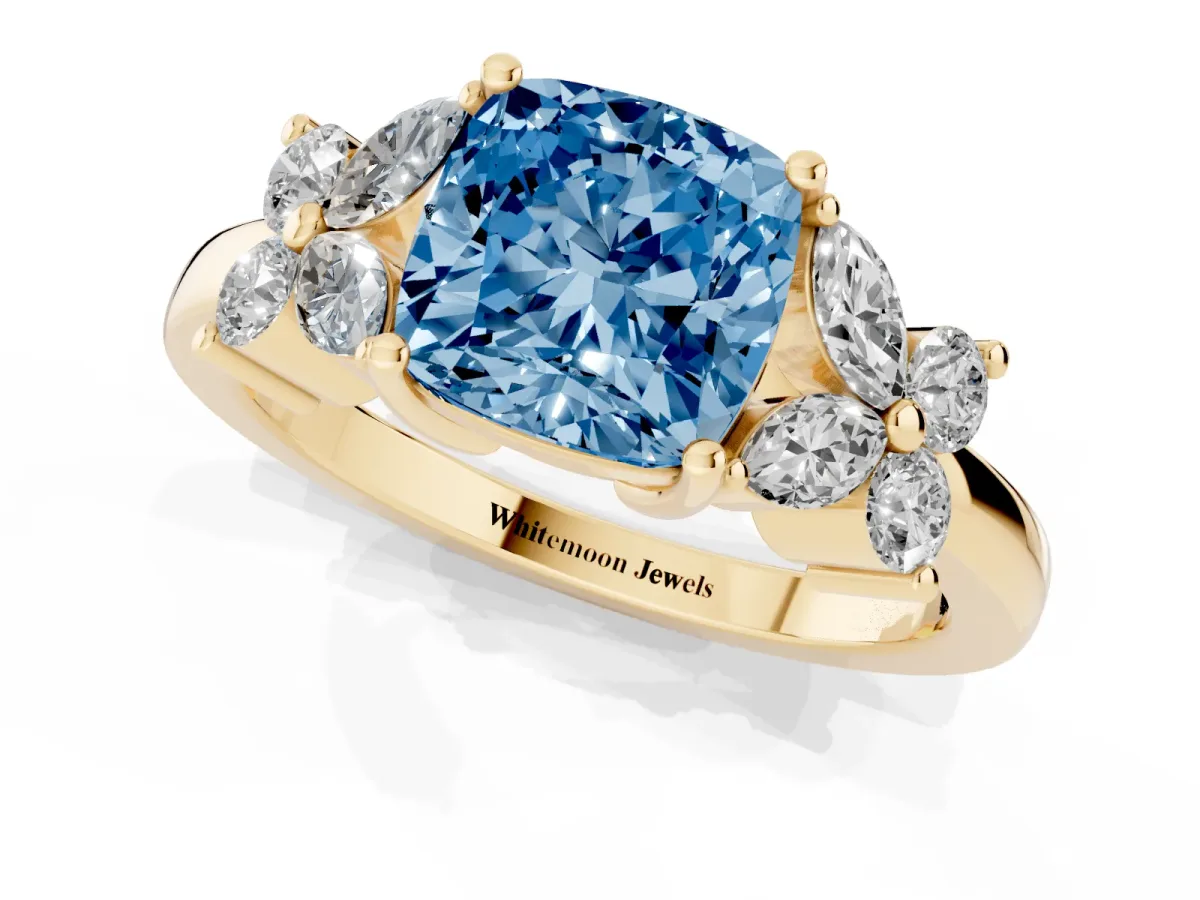 Fancy Blue Cushion Cut Diamond Floral Cluster Ring with Solitaire Band and Prong Setting Yellow gold
