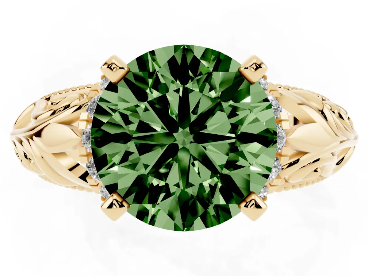 Fancy Green Round Cut Solitaire Filigree Engagement Ring with Halo and Prong Setting Yellow gold