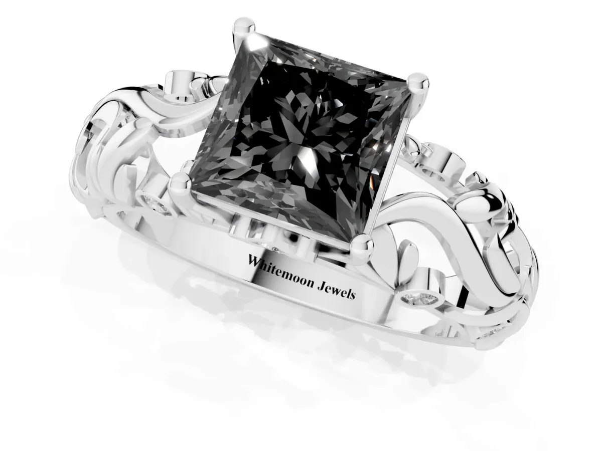 Fancy Black Princess Cut Solitaire Diamond Leaf-Inspired Vine Band Ring with Prong Setting Silver