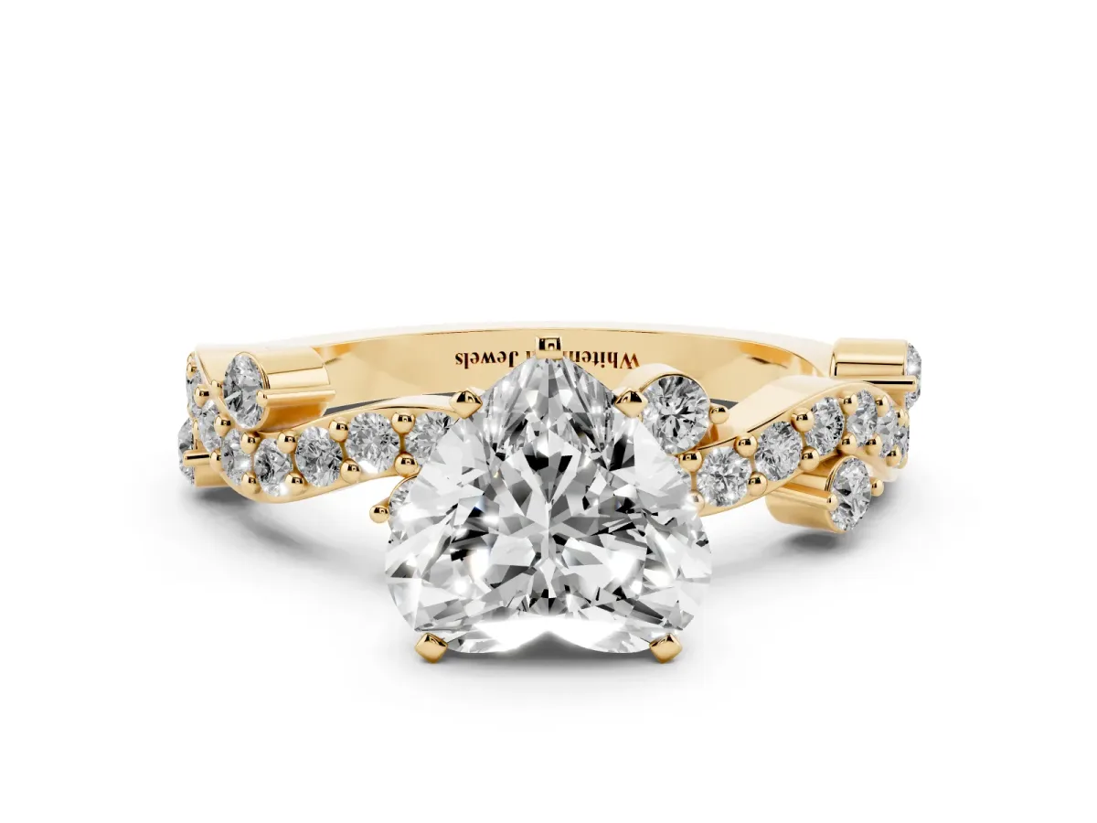 Heart Cut Cut Solitaire Diamond Twisted Band with Pave Setting Yellow gold