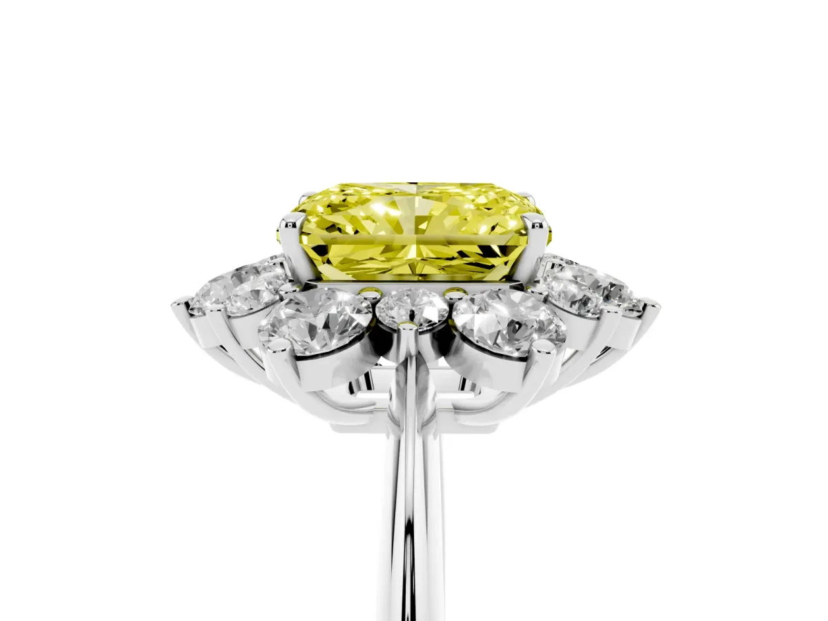 Fancy Yellow Radiant Cut Diamond Cluster Halo Ring with Solitaire Band and Four-Prong Setting Silver