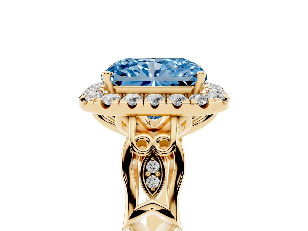 Fancy Blue Radiant Cut Halo Diamond Engagement Ring with Filigree Band and Four-Prong Setting Yellow gold