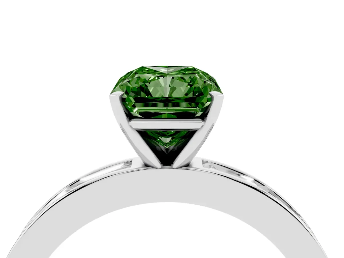 Fancy Green Radiant Cut Solitaire Diamond Ring with Channel-Set Baguette Band and Four-Prong Setting Silver