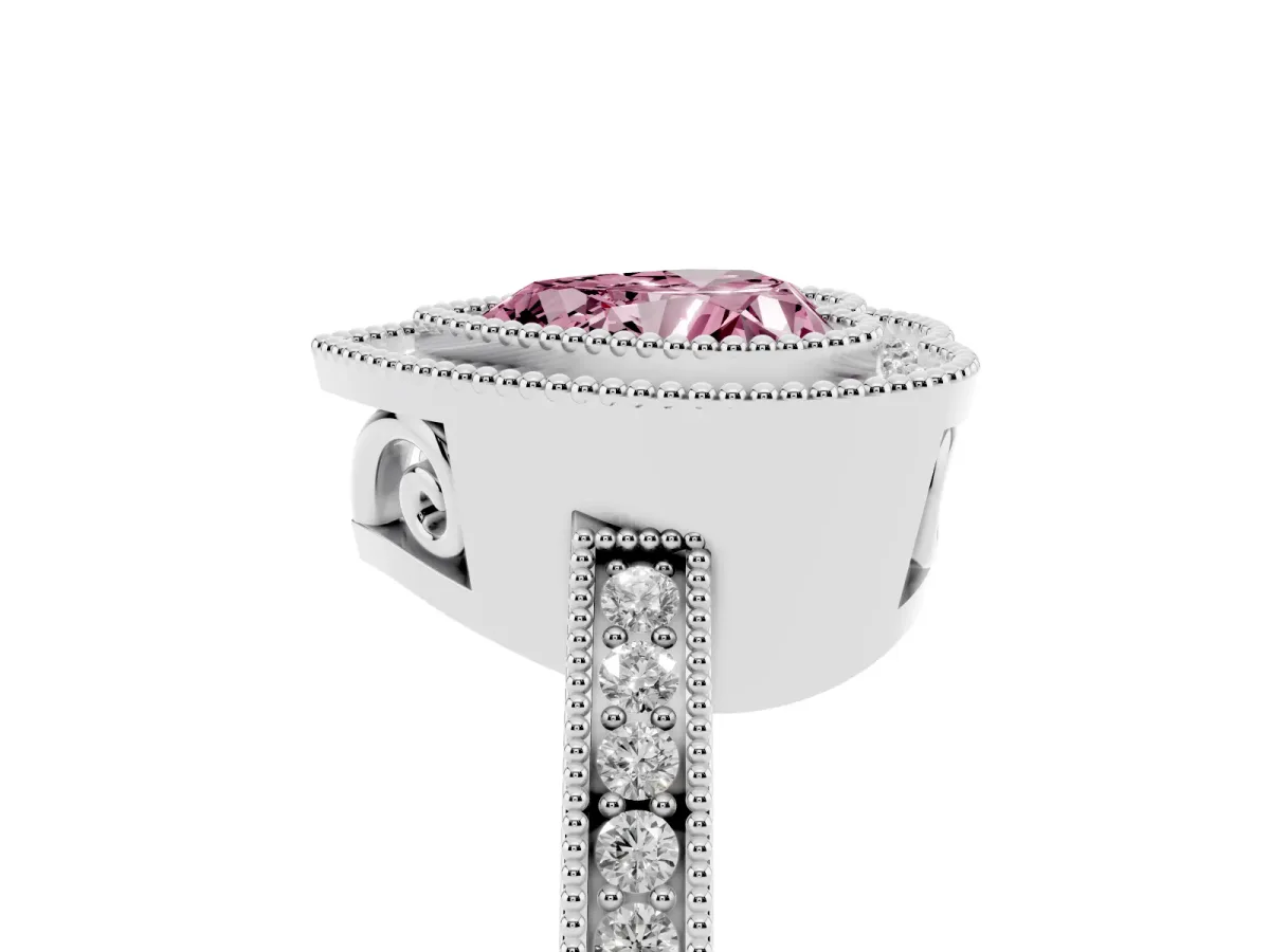 Fancy Pink Heart Cut Cut Halo Diamond Ring with Pavé Band and Milgrain Prong Setting Silver