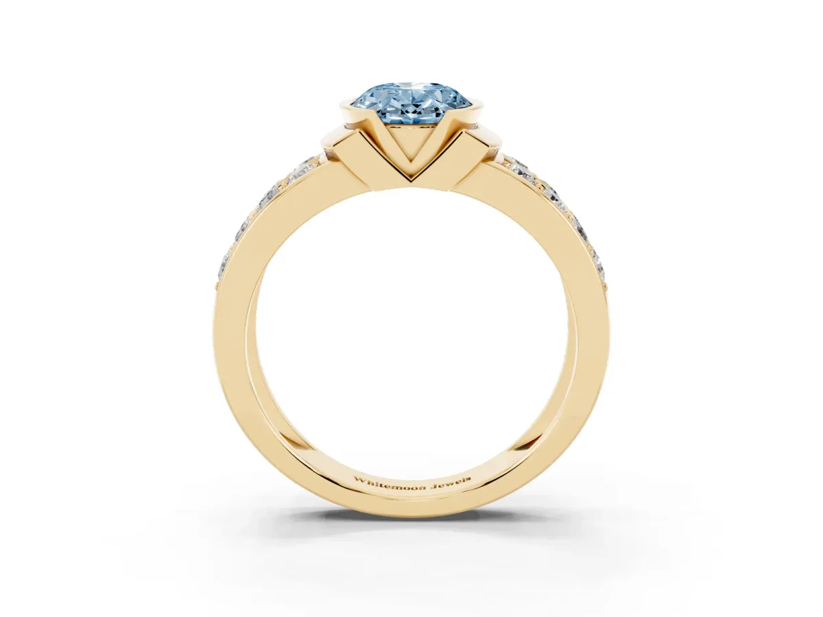 Fancy Blue Oval Cut Brilliant Diamond Channel Set Wide Band Ring with Bezel Setting Yellow gold