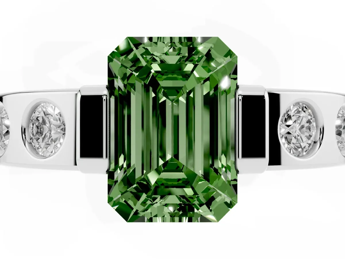 Fancy Green Emerald Cut Brilliant Channel-Set Diamond Ring with Bezel Prong Setting Platinum