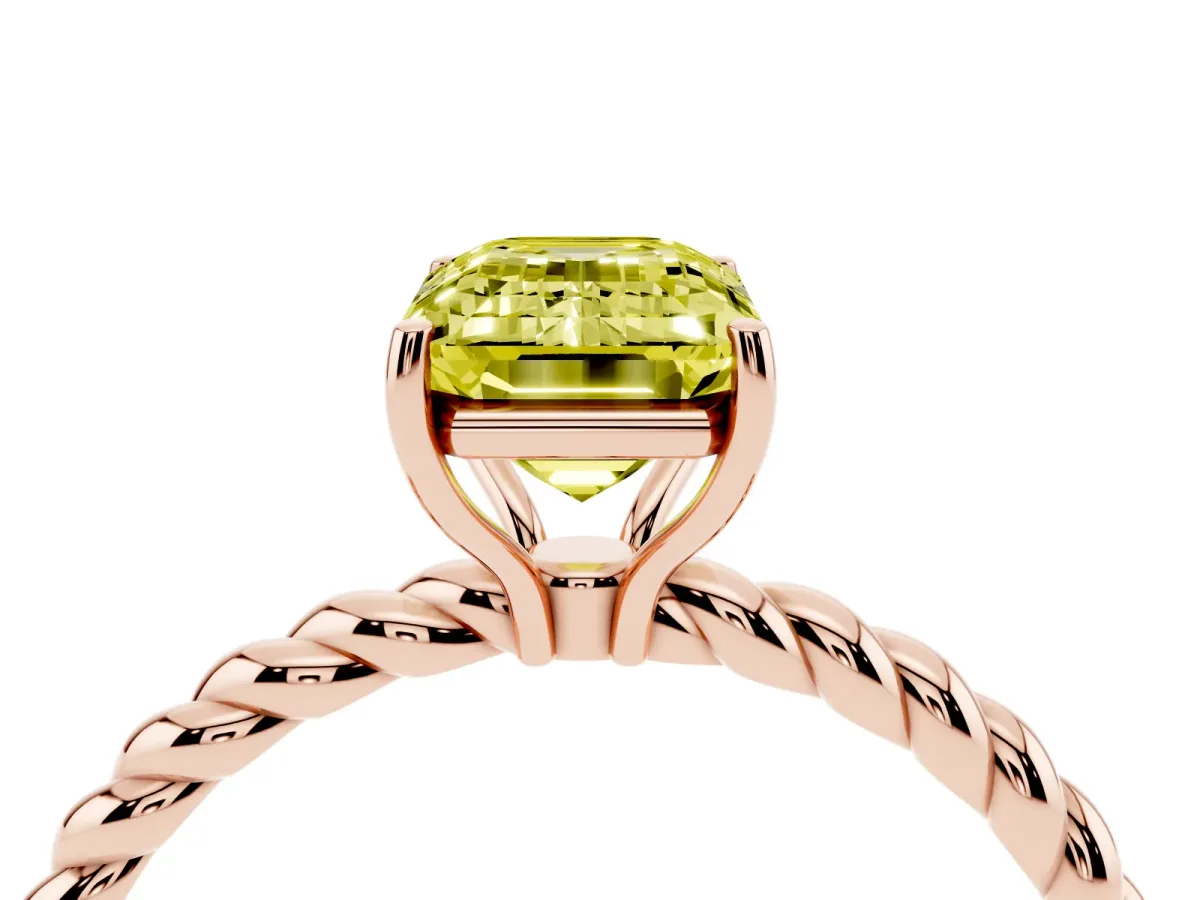 Fancy Yellow Emerald Cut Solitaire Twist Band Ring with Four-Prong Setting Rose gold