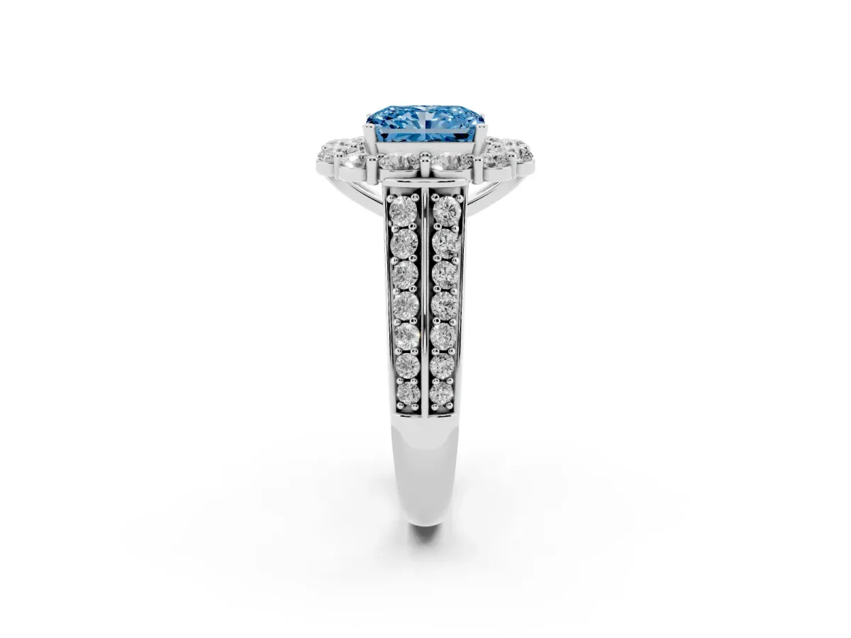 Fancy Blue Radiant Cut Halo Diamond Engagement Ring with Split Shank and Prong Setting Silver