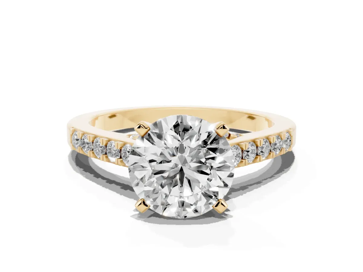 Round Cut Diamond Solitaire Ring with Crossover Gallery and Round Pavé Band Yellow gold