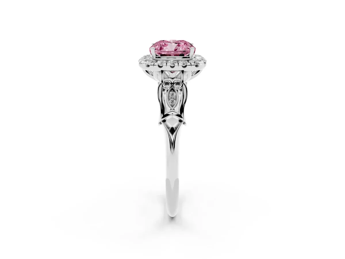 Fancy Pink Cushion Cut Halo Diamond Engagement Ring with Filigree Band and Four-Prong Setting Platinum