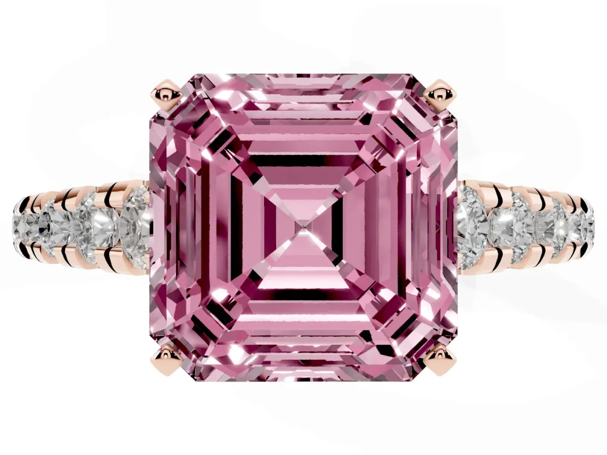 Fancy Pink Asscher Cut Diamond Cathedral Solitaire Ring with Round Pavé Band Rose gold