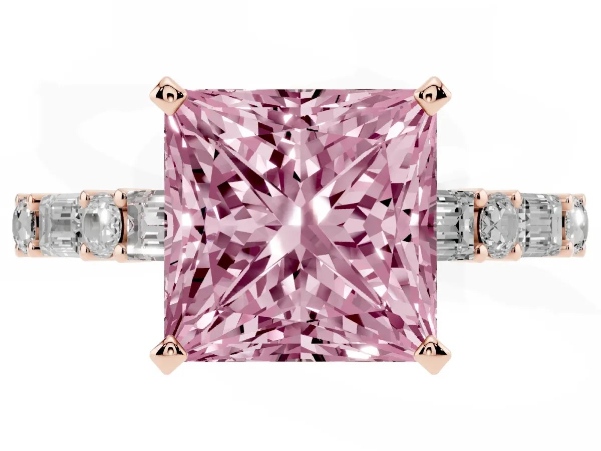Fancy Pink Princess Cut Diamond Solitaire with Side Baguettes and Channel Set Band Rose gold