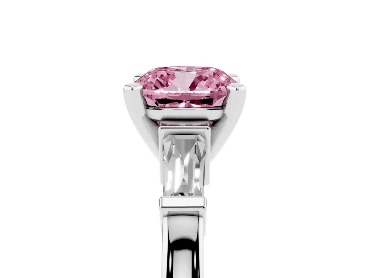Fancy Pink Cushion Cut Cut Diamond Solitaire Ring with Tapered Baguette Accents and Four-Prong Setting White gold