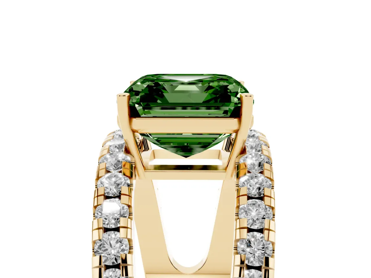 Fancy Green Asscher Cut Solitaire Split Shank Pave Diamond Ring Yellow gold
