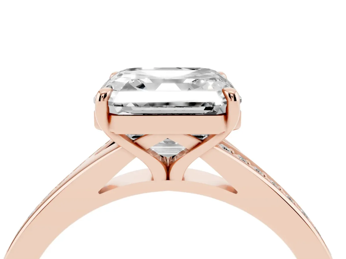 Asscher Cut Diamond Solitaire Ring with Pavé Band and Prong Setting Rose gold