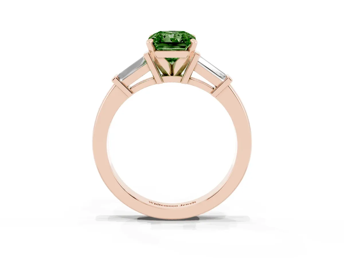 Fancy Green Radiant Cut Cut Diamond Solitaire Ring with Tapered Baguette Accents and Four-Prong Setting Rose gold