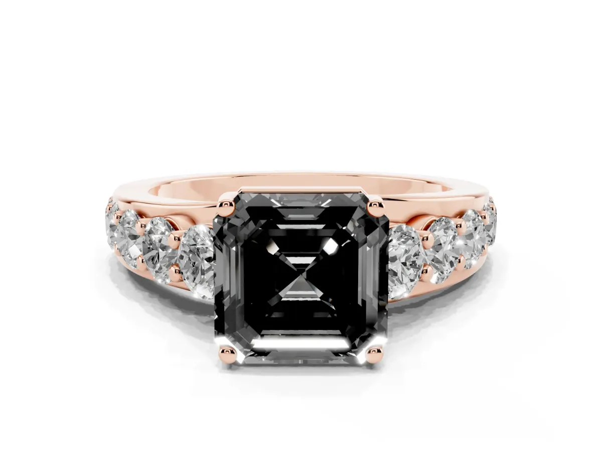 Fancy Black Asscher Cut Diamond Engagement Ring with Pavé Band and Four-Prong Setting Rose gold