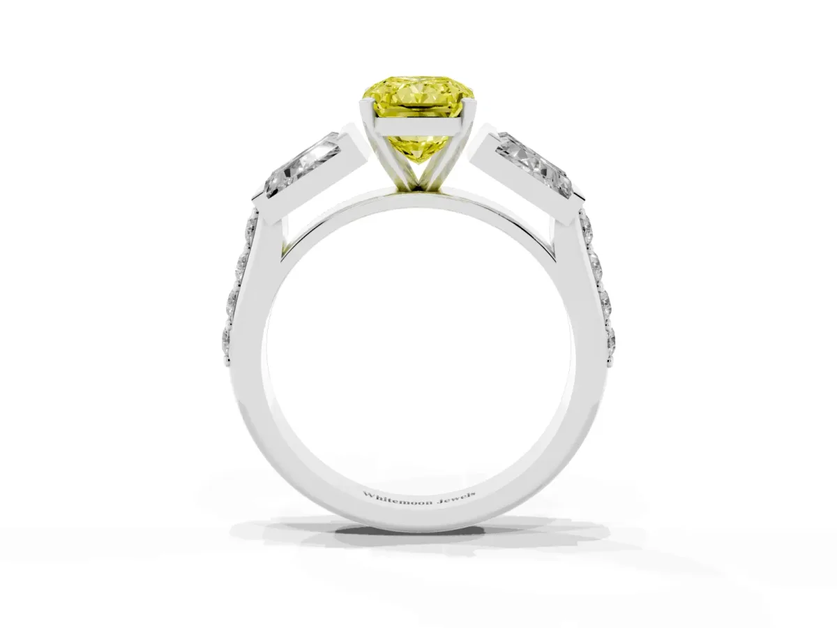 Fancy Yellow Radiant Cut Diamond Engagement Ring with Baguette Side Stones and Channel Set Band White gold